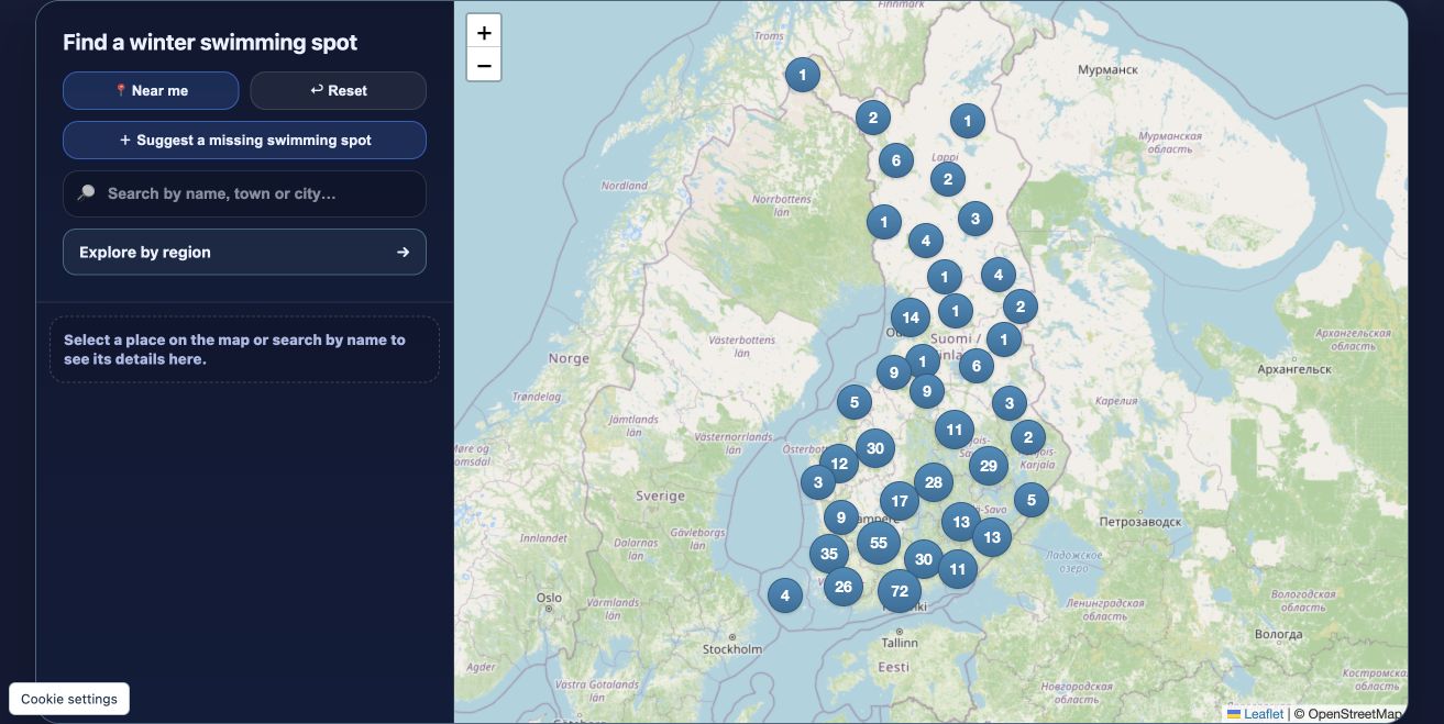 The main map with a place search and clusters of swimming spots across Finland.