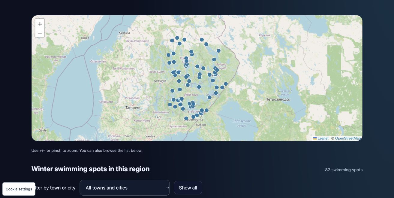 Eastern Finland regional map, showing swimming spots and the town filter.