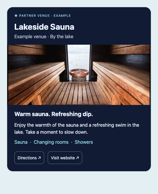 Example partner listing for a fictional lakeside sauna, with a photo, description, facilities and links.