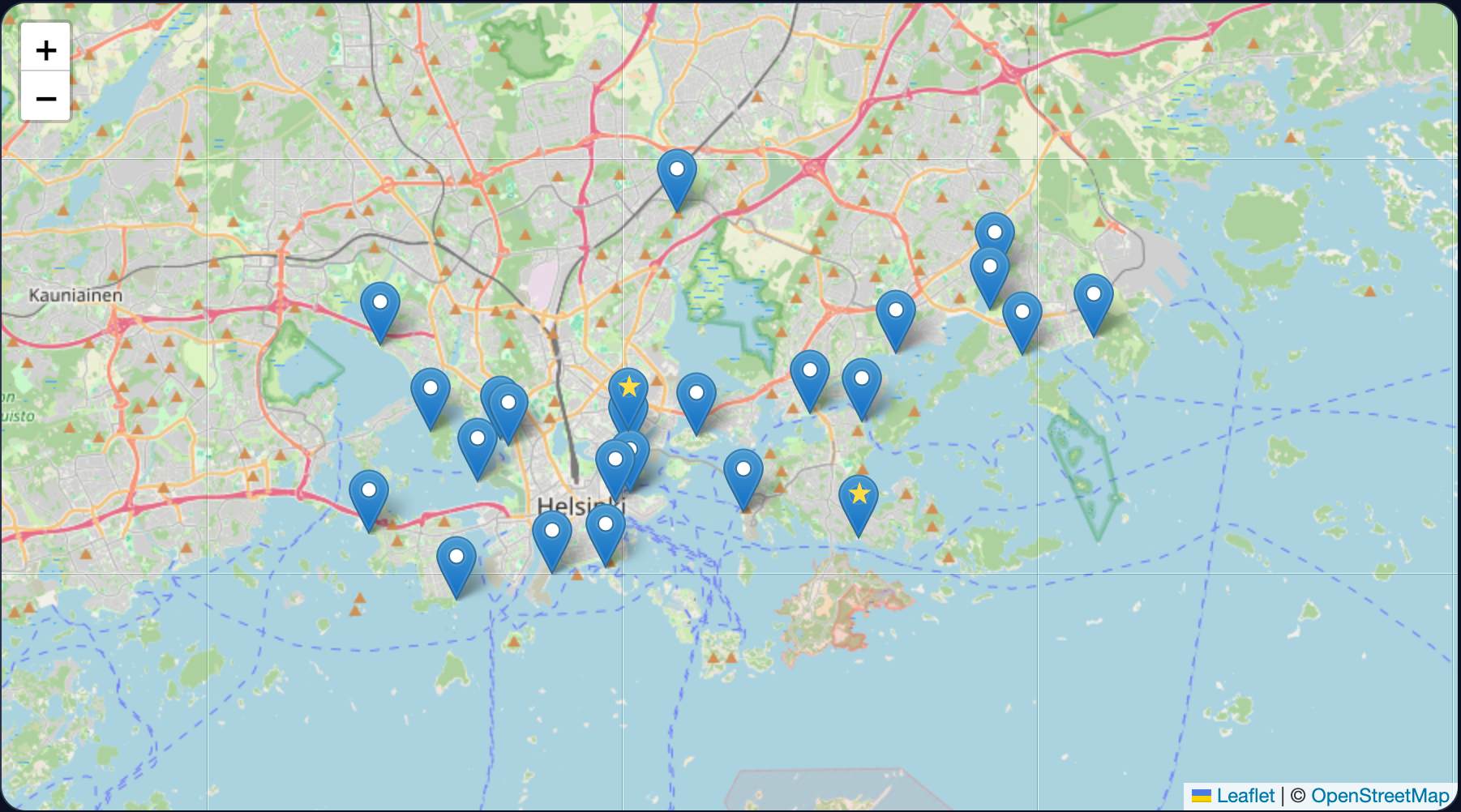 Demo map showing partner venues with a gold star inside their blue map pins, alongside standard blue pins.