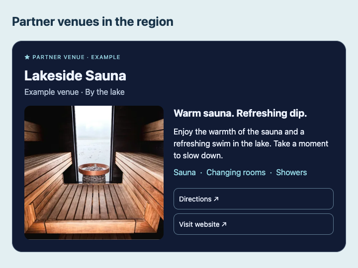 A fictional lakeside sauna featured among a region’s partner venues.